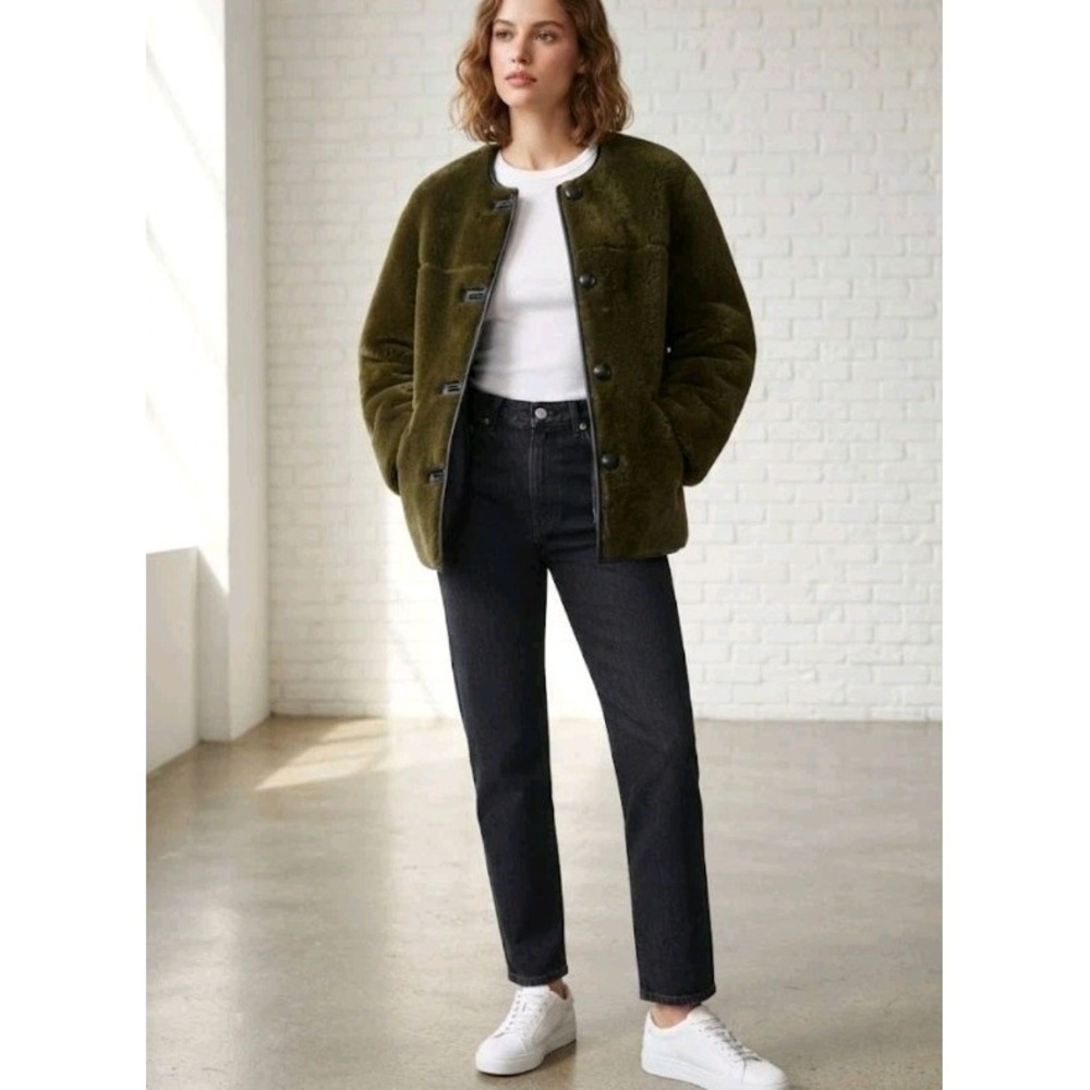Mango Green Black Reversible Faux Shearling Fur Leather Jacket Coat Women XS